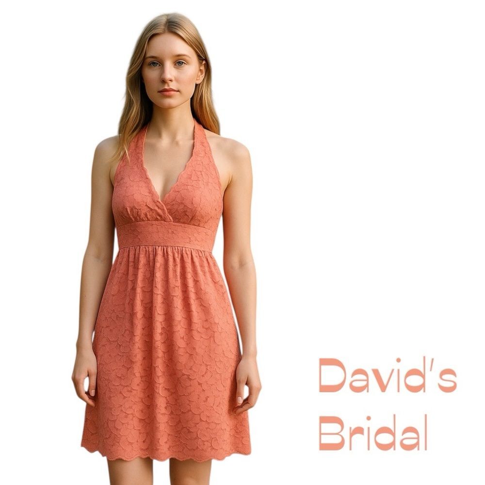 David’s Bridal Orange Lace Halter Dress NWOT Size 2 Wedding Guest Feminine